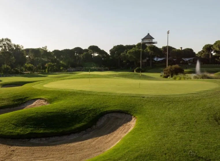 Gr&uuml;nanlage des Montgomerie Maxx Royal Golfplatzes in Belek mit gepflegtem Putting Green, Bunkern und Pinienlandschaft.