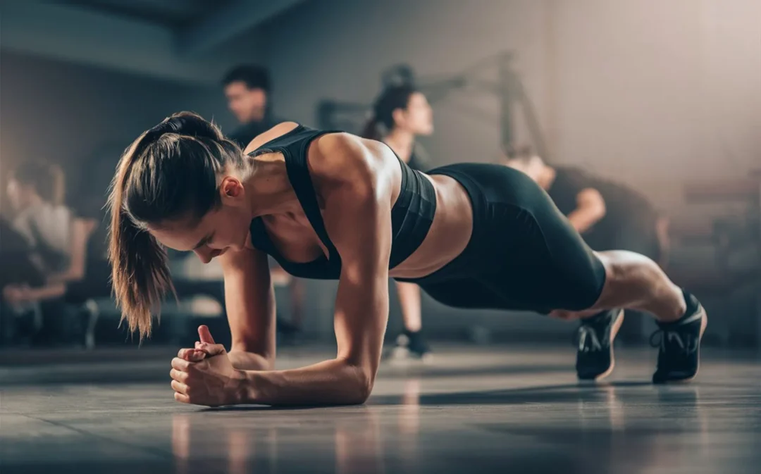 Athletische Frau im Fitnessstudio beim Unterarmstütz – Fitness als Lifestyle Statement für Kraft, Disziplin und moderne Körperkultur