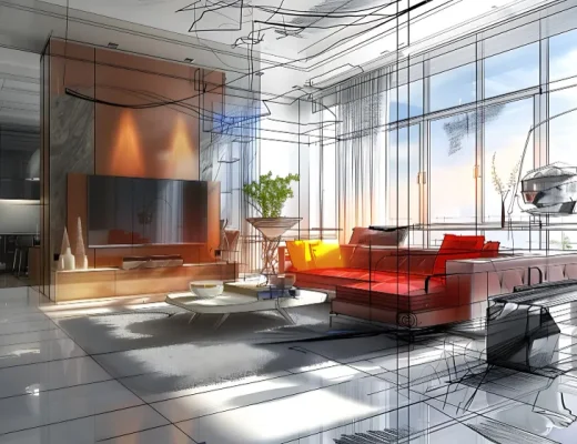 Modernes Luxus-Wohnzimmer mit Design-Interior und großen Fensterfronten.