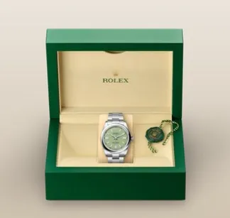 Rolex Oyster Perpetual 41 mit grünem Zifferblatt in Box als Teil einer exklusiven Uhrensammlung