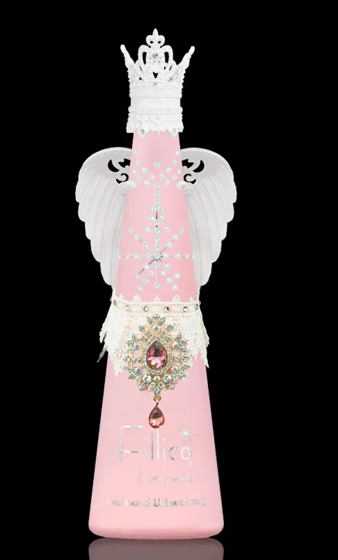 Fillico Jewelry Water in rosafarbener Luxusflasche mit Kristallen, Krone und Schmuckverzierungen aus Japan