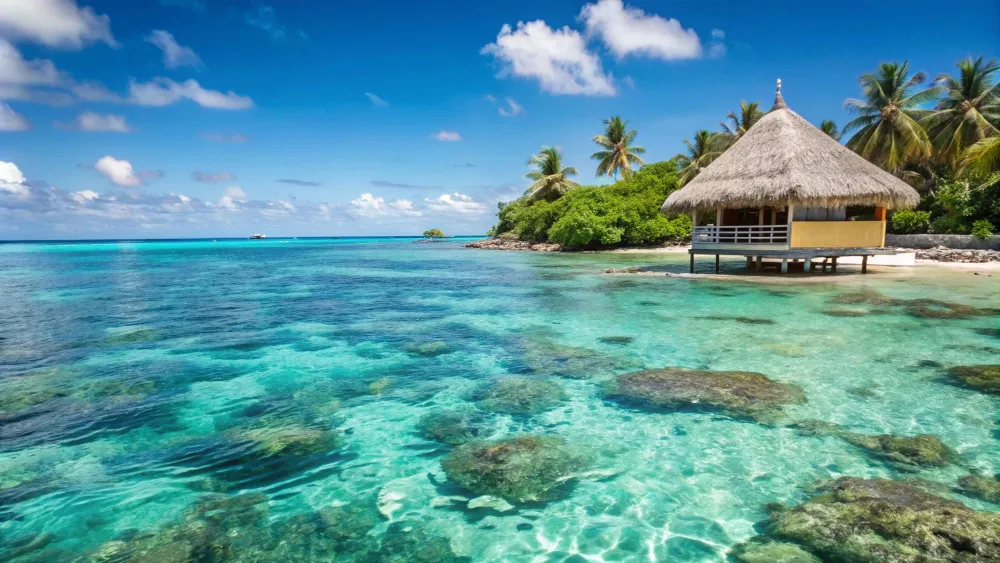 Tropische Lagune auf Mauritius mit kristallklarem Wasser, Palmen und traditionellem Strandbungalow am Ufer.
