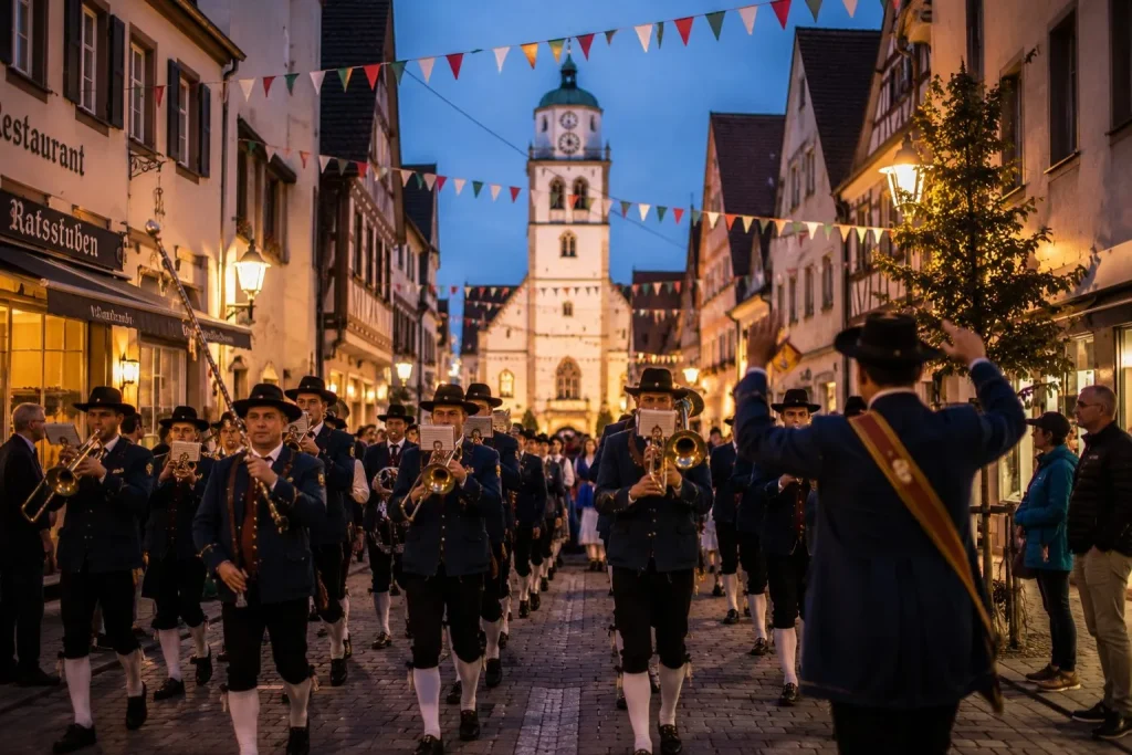 Traditioneller Musikzug beim Heimatfest Laupheim in der festlich geschmückten Altstadt am Abend