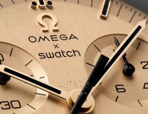 Detailaufnahme der MoonSwatch Mission to the Moon 1969 mit 18-Karat Omega Moonshine Gold und Au750-Gravur