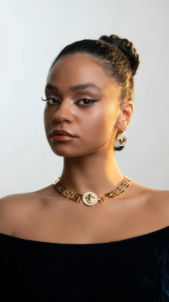 Model mit markanter Goldkette und passenden Ohrringen als Beispiel für XXL-Schmuck im Sommer 2026.