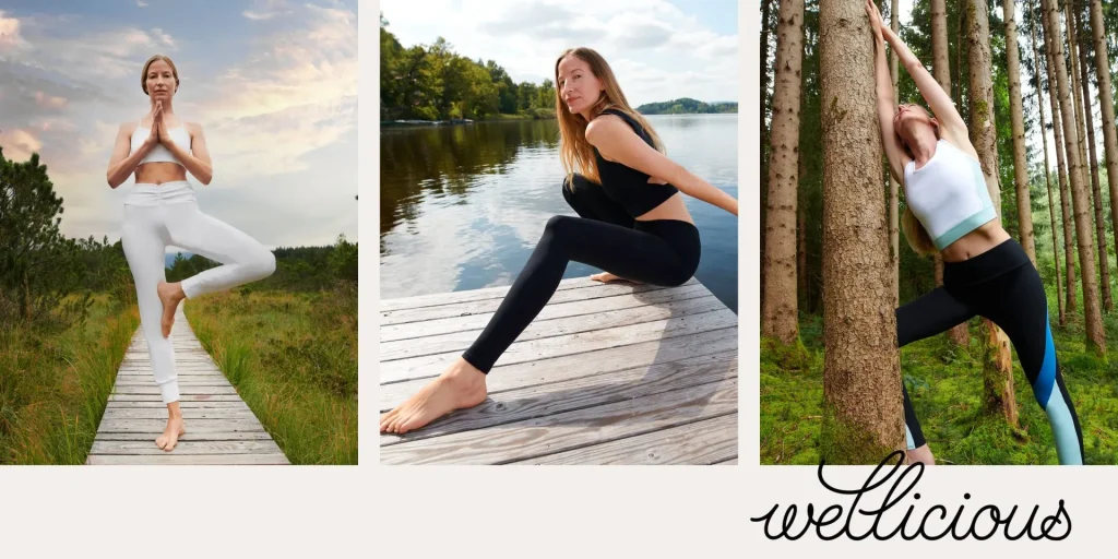 Modelle tragen Premium-Activewear von Wellicious bei Yoga-Posen in einer natürlichen Landschaft