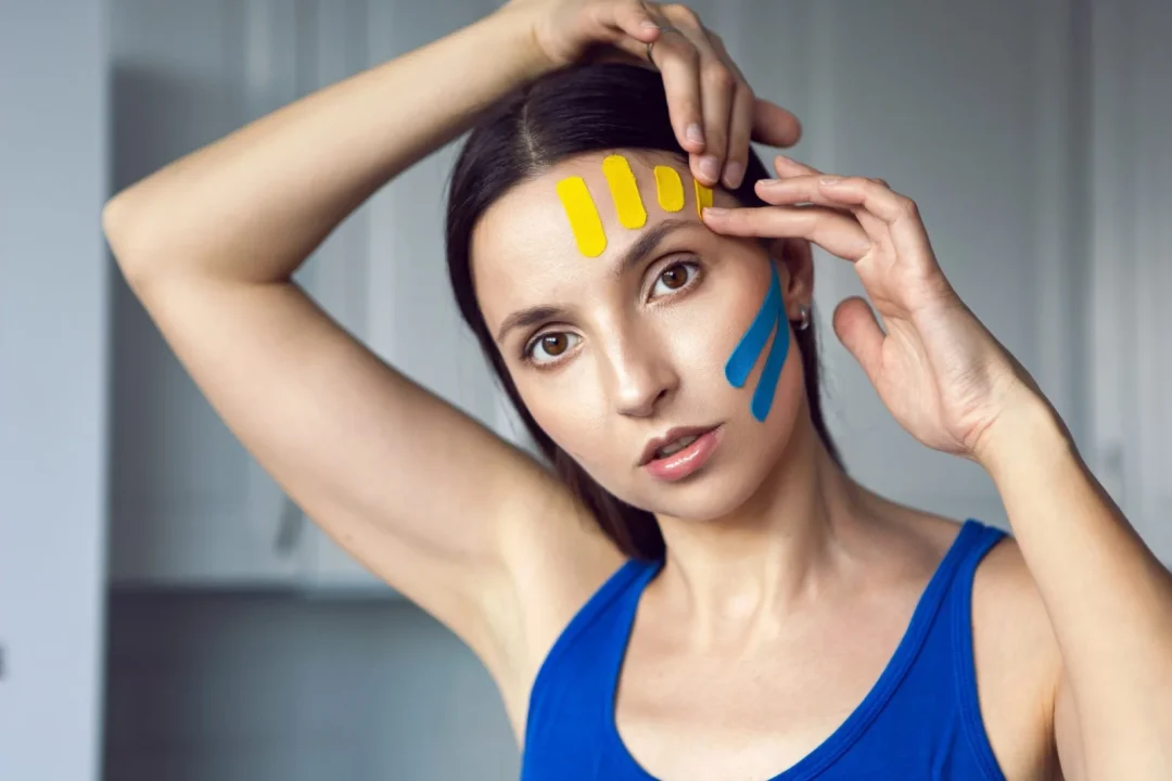 Frau mit farbigem Gesichtstape auf Stirn und Wange beim Face Taping