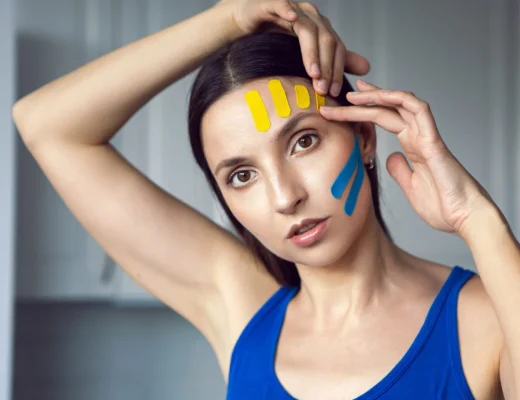 Frau mit farbigem Gesichtstape auf Stirn und Wange beim Face Taping