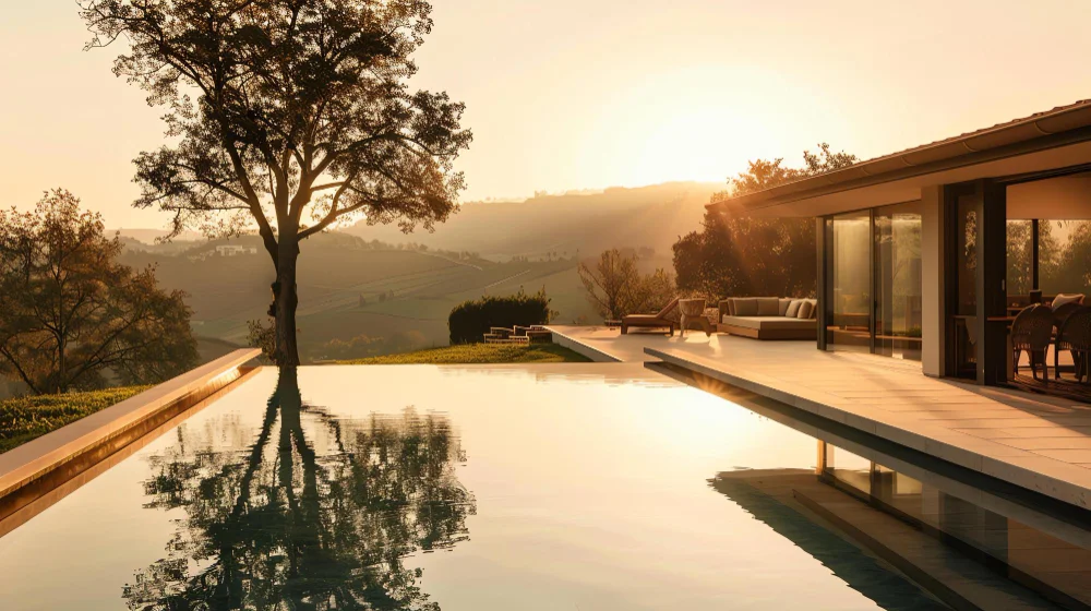 Modernes Luxushaus mit Infinity-Pool in der Abendsonne