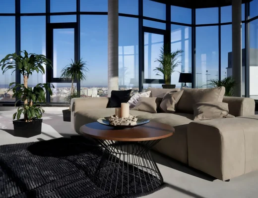 Beige Sofa und schwarzer Drahtgittertisch im modernen Wohnzimmer mit Panoramafenstern