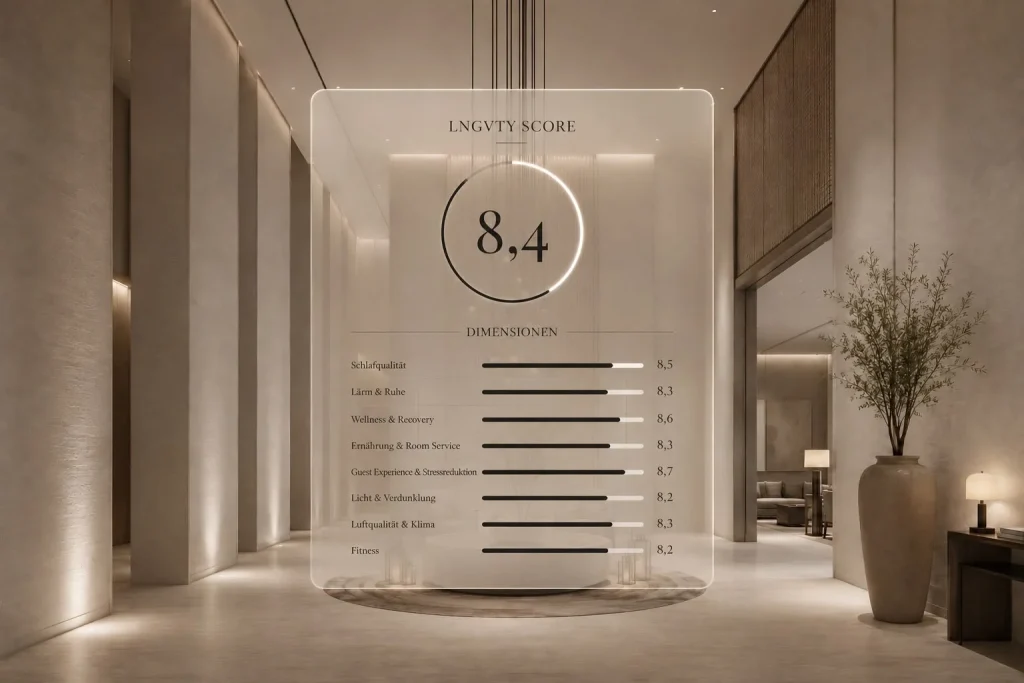 LNGVTY Score in einer luxuriösen Hotel-Lobby mit Bewertungen für Schlafqualität, Ruhe, Wellness, Ernährung, Licht, Luftqualität und Fitness