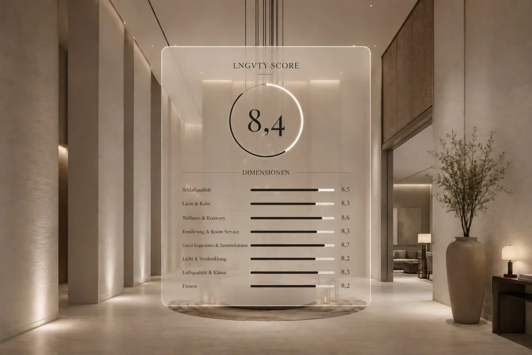 LNGVTY Score in einer luxuriösen Hotel-Lobby mit Bewertungen für Schlafqualität, Ruhe, Wellness, Ernährung, Licht, Luftqualität und Fitness