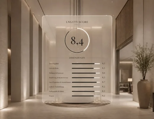 LNGVTY Score in einer luxuriösen Hotel-Lobby mit Bewertungen für Schlafqualität, Ruhe, Wellness, Ernährung, Licht, Luftqualität und Fitness