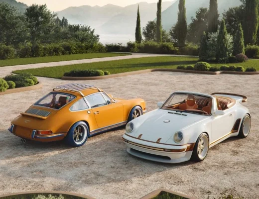 Zwei Singer Porsche 911 Modelle, orange und weiß, auf Kies vor mediterranem Hintergrund