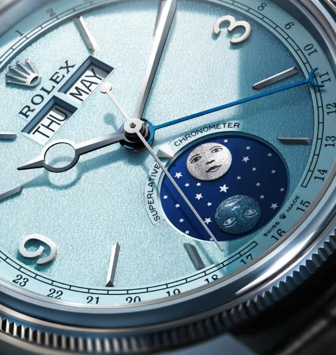Rolex Perpetual Padellone mit eisblauem Zifferblatt, Jahreskalender und Mondphase