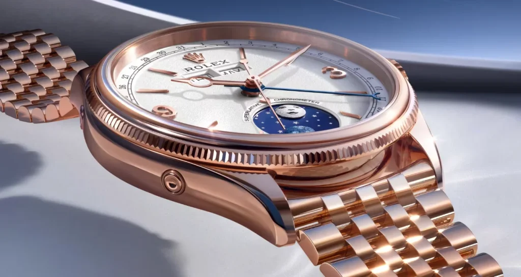 Rolex Perpetual Padellone in Everose-Gold mit Settimo-Band und Mondphase