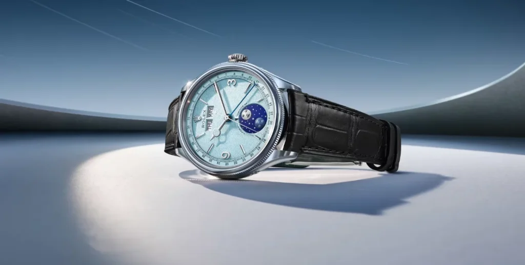 Rolex Perpetual Padellone in Platin mit eisblauem Zifferblatt und schwarzem Alligatorlederband