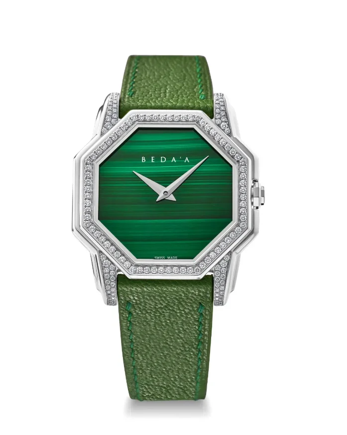Beda’a Angles Malachite mit grünem Naturstein-Zifferblatt, diamantbesetzter Lünette und grünem Lederarmband