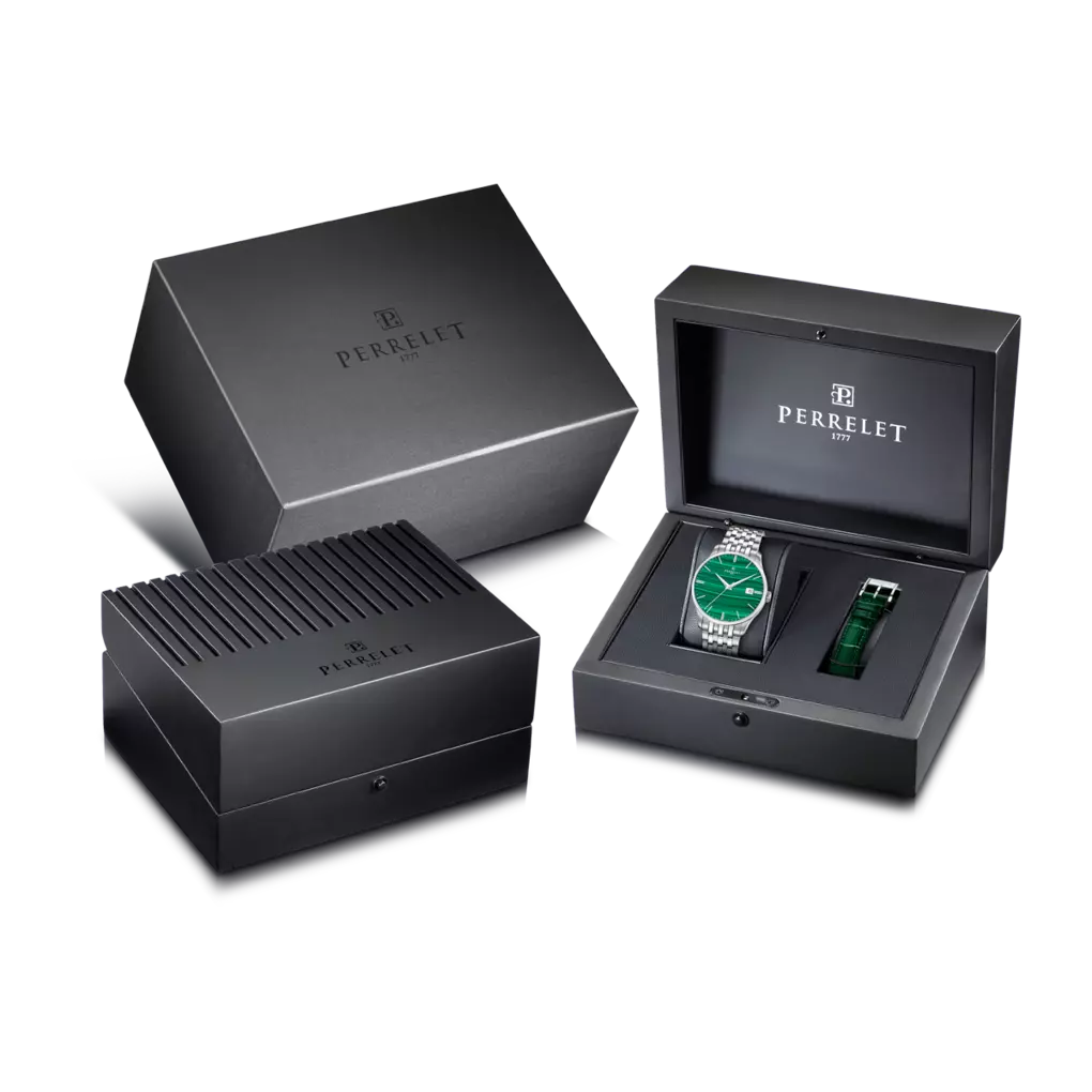 Perrelet Weekend Malachite mit grünem Zifferblatt, Edelstahlarmband und zusätzlichem grünem Lederarmband in Präsentationsbox