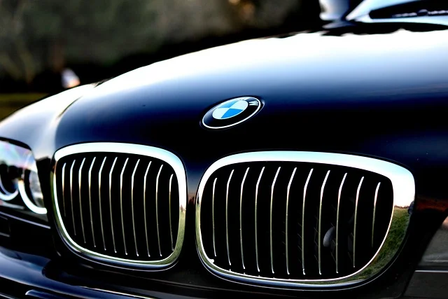 Die Motorhaube eines schwarzen BMW mit Logo und Kühlergrill in Nahaufnahme.