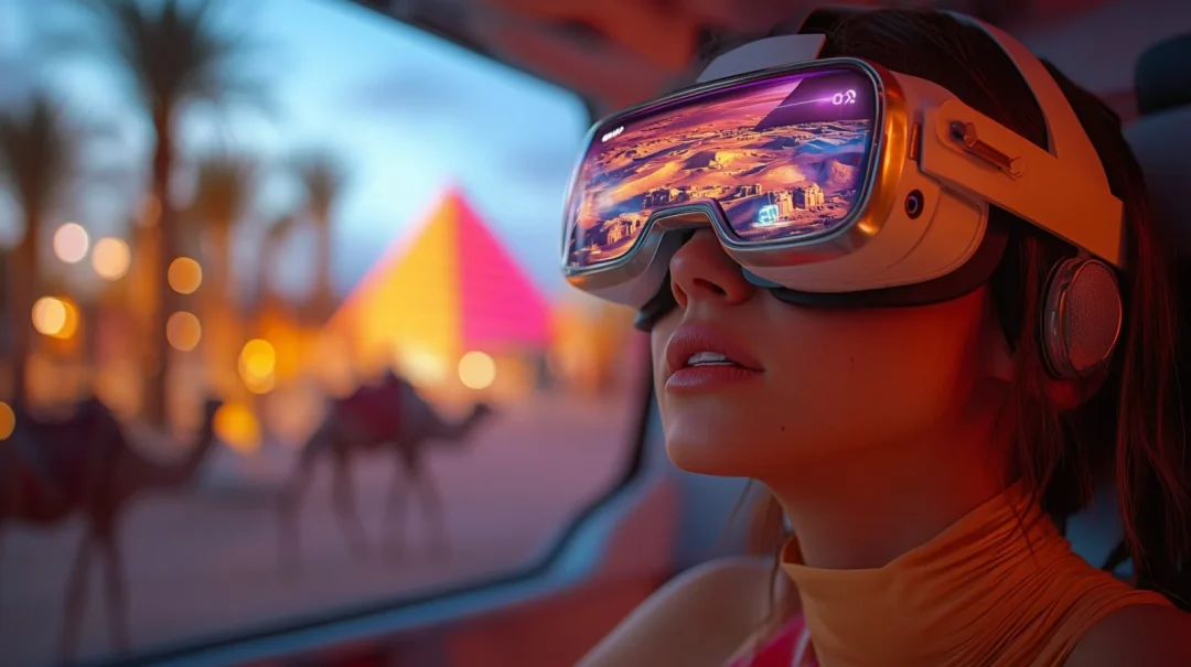 Frau mit VR-Brille im Fahrzeug, im Hintergrund verschwommene Pyramide und Kamelen bei Dämmerung