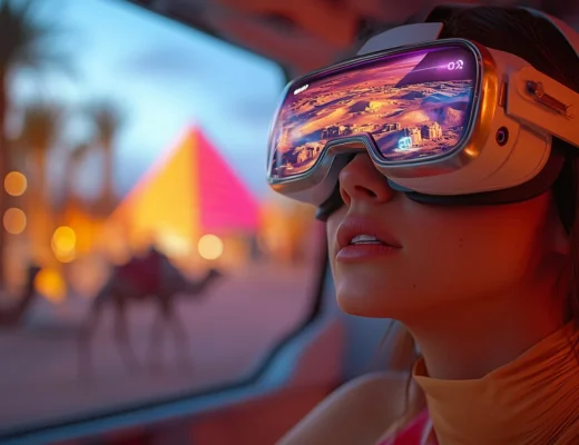 Frau mit VR-Brille im Fahrzeug, im Hintergrund verschwommene Pyramide und Kamelen bei Dämmerung