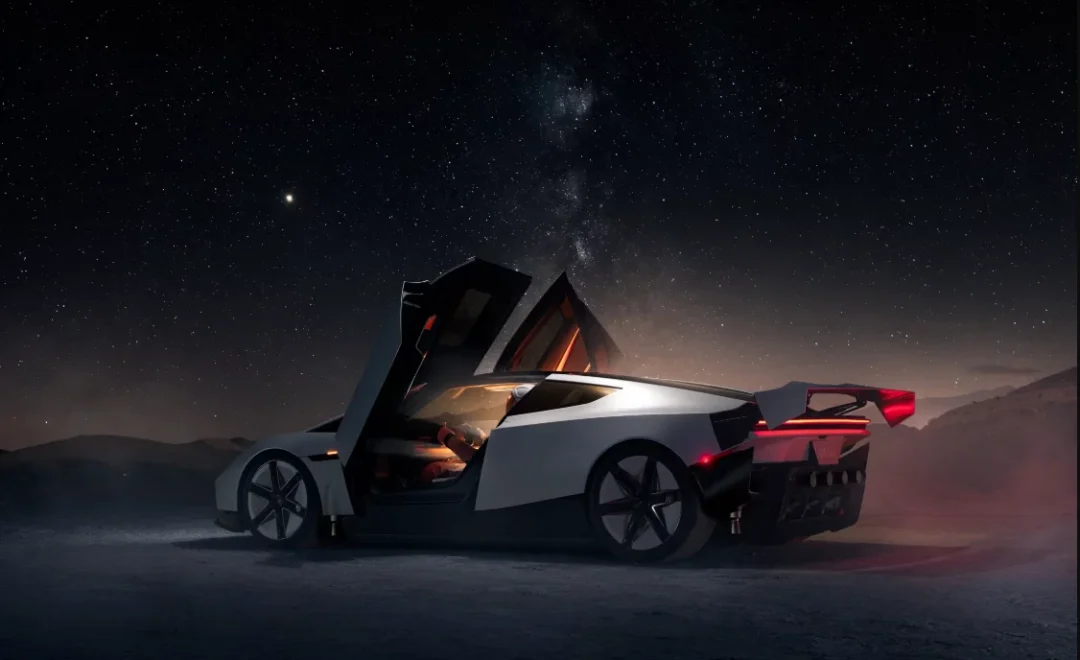 Weißer Tesla Roadster mit geöffneten Türen vor einem sternenklaren Nachthimmel.