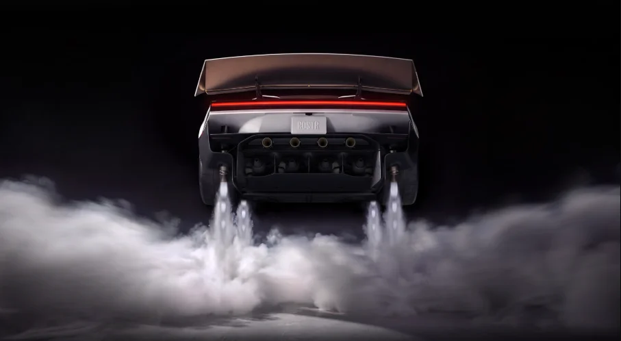 Tesla Roadster von hinten mit Heckflügel und nach unten gerichteten Gasstrahlen vor dunklem Hintergrund.