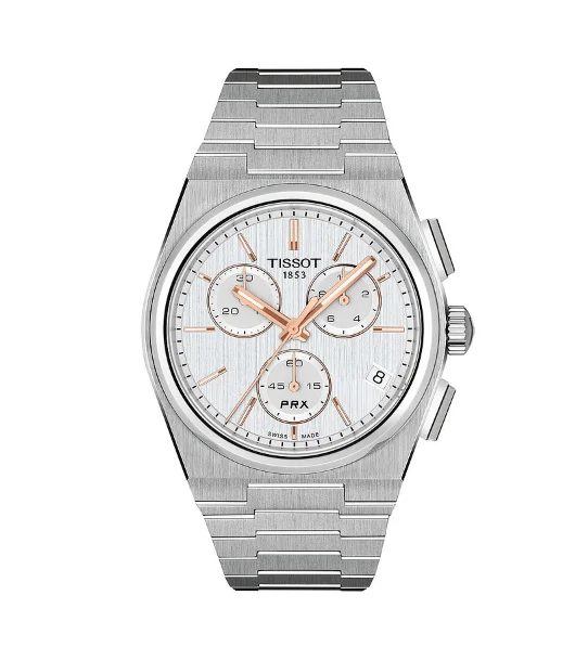 Tissot PRX Quartz Chronograph mit silbernem Zifferblatt und roségoldfarbenen Details